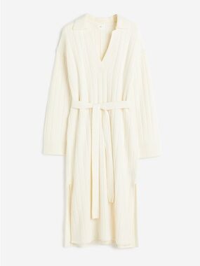 H&M Cream Ribbed Knit Collared Dress